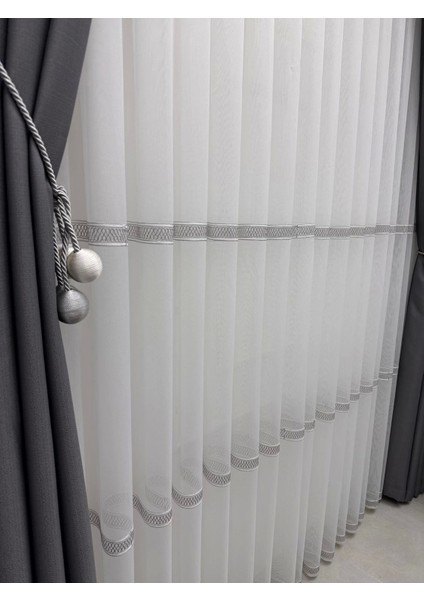 Nivemeshome Olivia 2025 V-3 Gümüş Detaylı 1/3 Sık Pileli Tül Perde Apm indirimleri