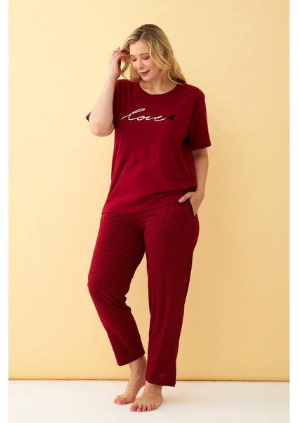 Kadın Bordo Love Yazılı Büyük Beden Pijama Takımı