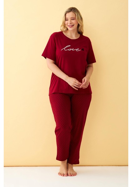 Kadın Bordo Love Yazılı Büyük Beden Pijama Takımı fiyatları