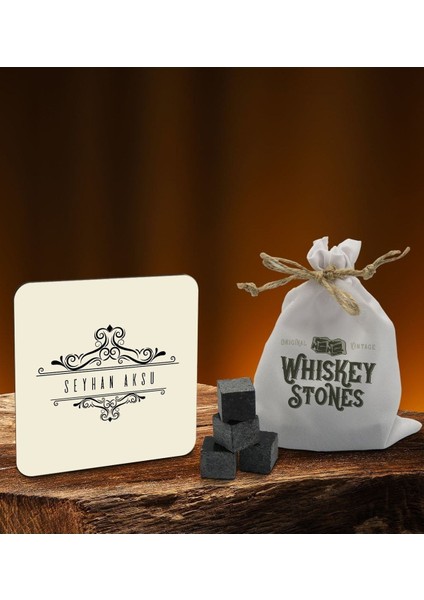 Kişiye Özel Ahşap Bardak Altlığı ve 6’lı Granit Viski Taşı Hediye Seti