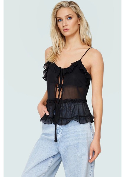 Askılı Bağlama Detaylı Tül Bluz Polyester Regular Kalıp Yazlık Rahat Kullanım Şık Görünüm fiyatları