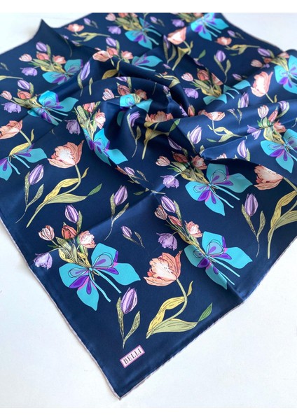 Tivil Saf İpek Eşarp 4037 - 33 Lacivert Karışık Desen