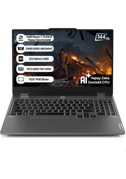 LOQ AMD Ryzen 7 Yapay Zeka Destekli 7435HS 24GB 512GB SSD RTX4060 Freedos 15.6" FHD 83JC00E7TR