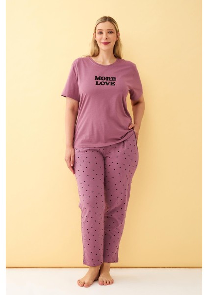 Kadın Mürdüm More Love Yazılı Büyük Beden Pijama Takımı
