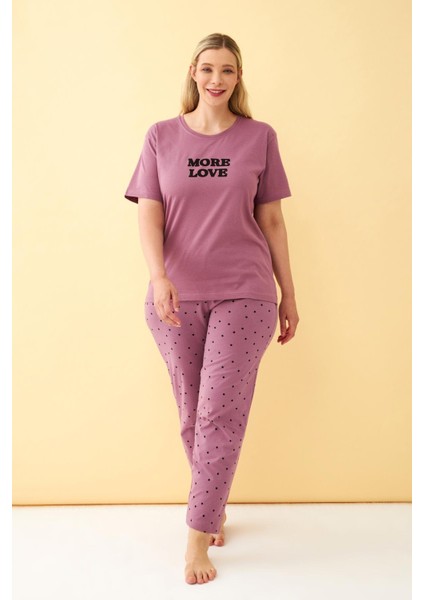 Kadın Mürdüm More Love Yazılı Büyük Beden Pijama Takımı fiyatları