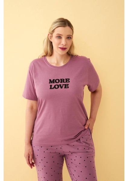 Kadın Mürdüm More Love Yazılı Büyük Beden Pijama Takımı modelleri