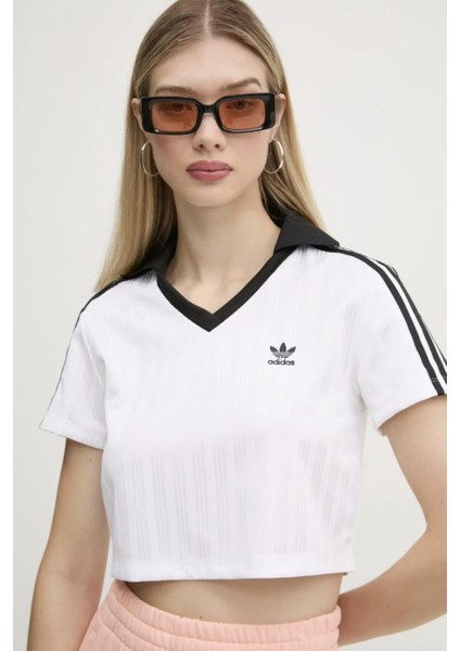 Originals Kadın V Yaka Crop Beyaz T-Shirt