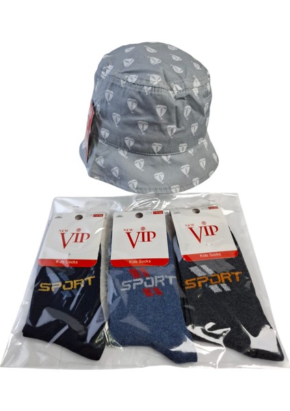 4-8 Yaş Erkek Çocuk Yazlık Fötr Şapka Vip 7-8 Yaş 3 Renk Çorap 4 Lü Set