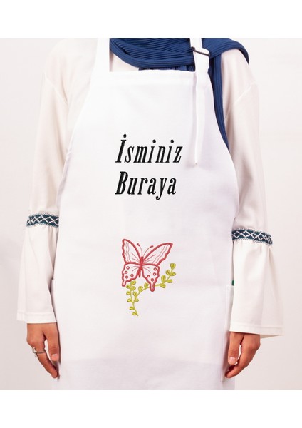 Mutfak Önlüğü Kişiye ve İsme Özel Nakışlı Mutfak Önlüğü KELEBEK01 Farklı Renkler