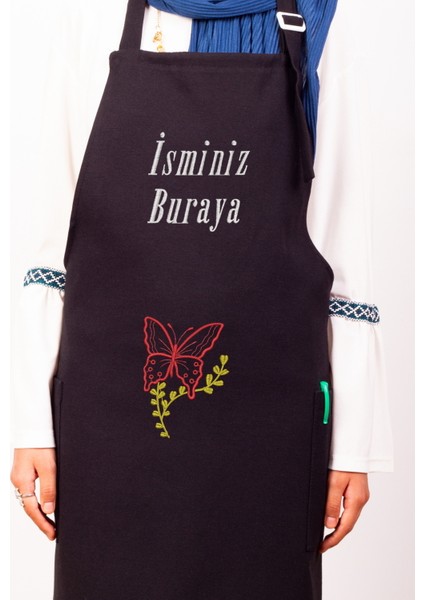 Mutfak Önlüğü Kişiye ve İsme Özel Nakışlı Mutfak Önlüğü KELEBEK01 Farklı Renkler