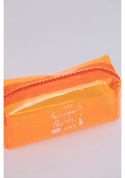 Turuncu Şeffaf Pvc Çok Amaçlı Seyahat ve Makyaj Çantası, U:8 E:19 G:8 cm