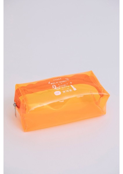 Turuncu Şeffaf Pvc Çok Amaçlı Seyahat ve Makyaj Çantası, U:8 E:19 G:8 cm