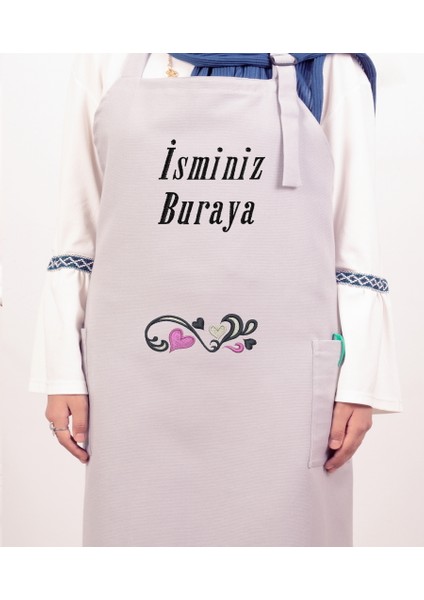 Mutfak Önlüğü Kişiye ve Isme Özel Nakışlı Mutfak Önlüğü Kalpli 01 Farklı Renkler