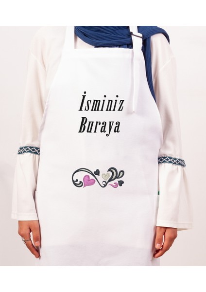 Mutfak Önlüğü Kişiye ve İsme Özel Nakışlı Mutfak Önlüğü Kalpli 01 Farklı Renkler