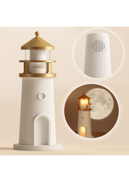 Sevimli Ay Projeksiyonlu Deniz Feneri Lambası Bluetooth Hoparlörlü Kablosuz Masa Lambası