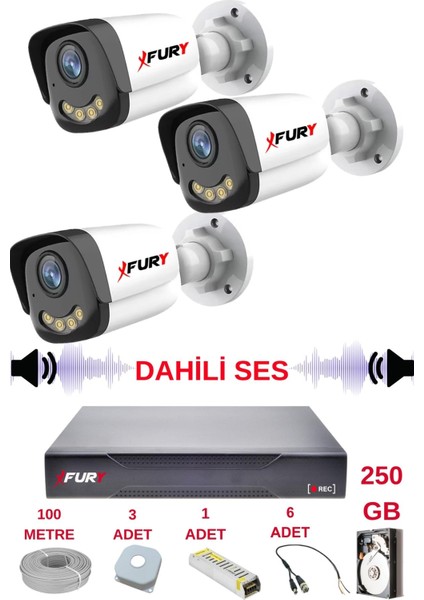 3 Lü Sesli Gece Renkli Görüş Güvenlik Kamerası Su Geçirmez Güvenlik Kamerası Seti 5590S 250GB fiyatları