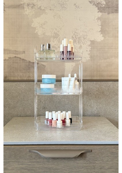 3 Katlı Çok Renkli Makyaj ve Kozmetik Düzenleyici Banyo Rafı
