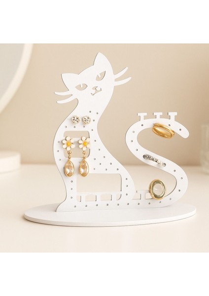 Kedi Figürlü Mdf Takı Düzenleyici, Küpe ve Yüzük Saklama Standı, Beyaz Renk