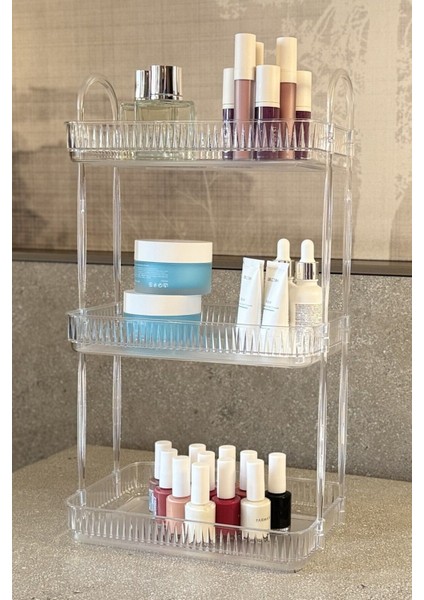 3 Katlı Çok Renkli Makyaj ve Kozmetik Düzenleyici Banyo Rafı