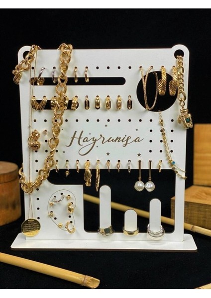 Ahşap Küpe ve Takı Sergileme Standı, Ekru Renkli, Ayaklı Organizer