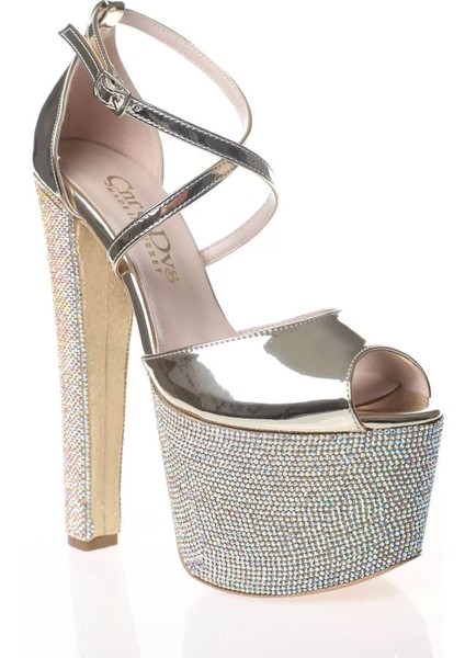 Kadın Moda Şık Gold Ayna Ökçe Poli Taş Yüksek Topuk Topuklu Düğün Nişan Gece Abiye Ayakkabı