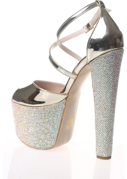 Kadın Moda Şık Gold Ayna Ökçe Poli Taş Yüksek Topuk Topuklu Düğün Nişan Gece Abiye Ayakkabı fiyatları