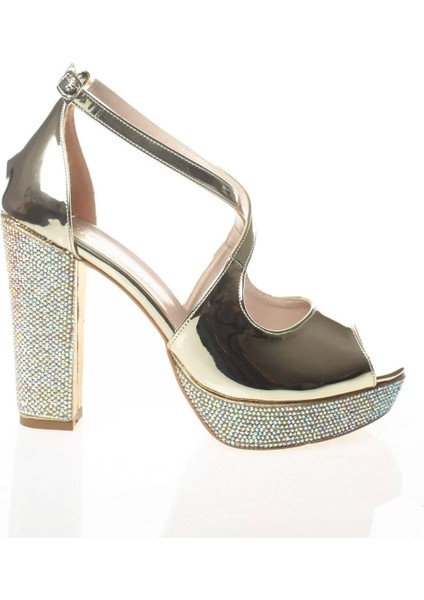 Kadın Moda Şık Gold Ayna Ökçe Poli Taş Topuklu Zarif Tasarım Düğün Nişan Gece Abiye Ayakkabı