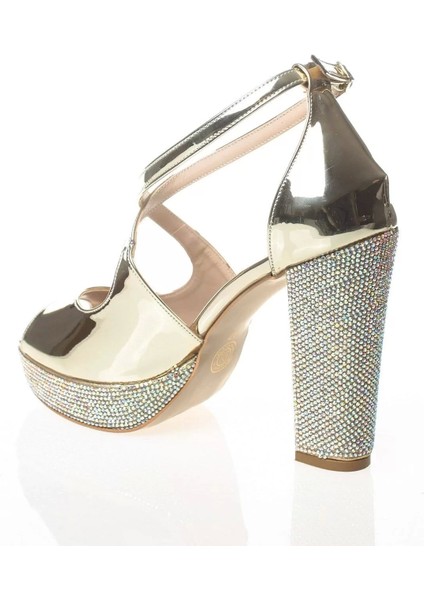 Kadın Moda Şık Gold Ayna Ökçe Poli Taş Topuklu Zarif Tasarım Düğün Nişan Gece Abiye Ayakkabı fırsatları