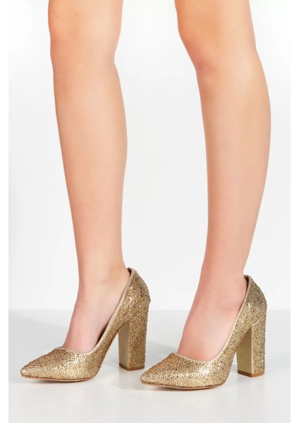 Kadın Moda Şık Gold Sultan Taşlı Klasik Sivri Kalın Düğün Nişan Gece Abiye Ayakkabı modelleri