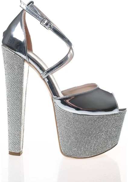 Kadın Moda Şık Gold Ayna Ökçe Poli Taş Yüksek Topuk Topuklu Düğün Nişan Gece Abiye Ayakkabı