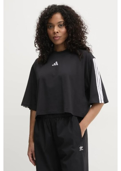 Essentials 3-Stripes Kadın Pamuklu Siyah Rahat Kesim T-Shirt fiyatları