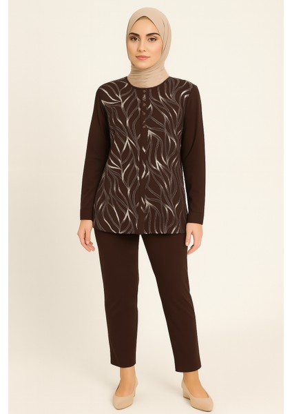 Kadın Simli Cizgi Desenli Kahverengi Anne Penye Bluz