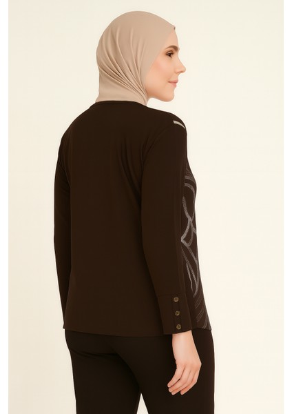 Kadın Simli Cizgi Desenli Kahverengi Anne Penye Bluz fiyatları