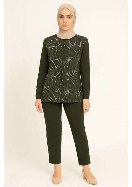 Kadın Simli Cizgi Desenli Haki Anne Penye Bluz