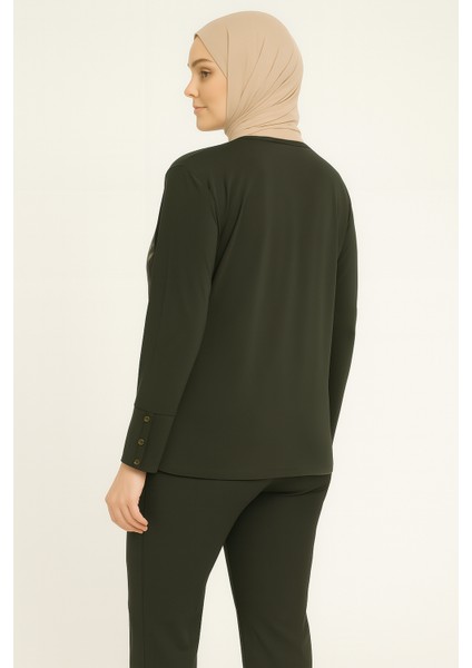 Kadın Simli Cizgi Desenli Haki Anne Penye Bluz fiyatları