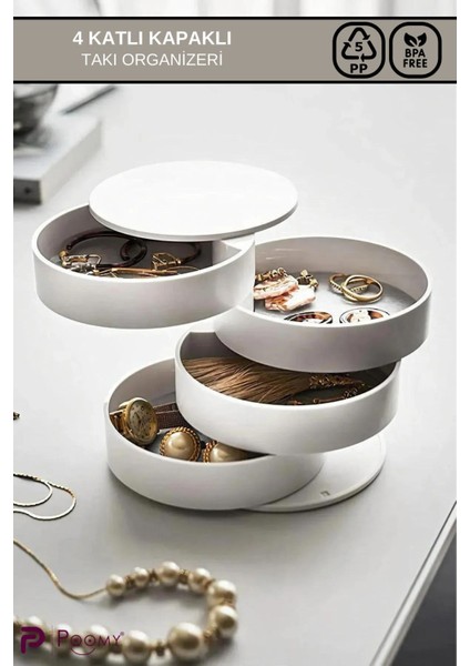 Beyaz 4 Katlı Döner Takı ve Aksesuar Organizer, Şık ve Fonksiyonel Tasarım