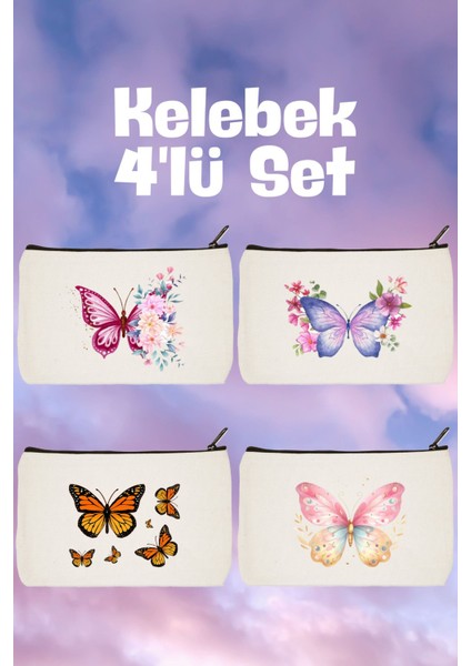 Kelebek Desenli 4'lü Makyaj ve Kalem Çantası, Cüzdan Seti, Beyaz