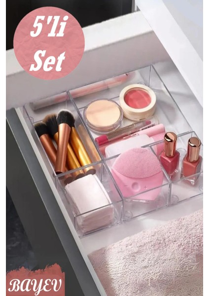 Turuncu 5'li Çekmece İçi Düzenleyici Set Takı ve Makyaj Kutusu Kalem Organizer
