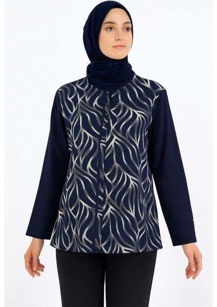 Kadın Simli Cizgi Desenli Mavi Anne Penye Bluz