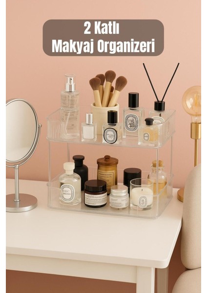 2 Katlı Çok Amaçlı Makyaj ve Takı Organizer, Beyaz, Pratik ve Şık Tasarım