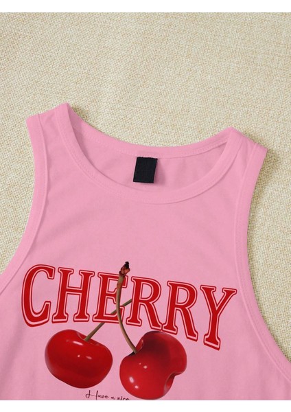 Kadın Pembe "cherry" Baskılı Kolsuz Crop Atlet - Yazlık Sokak Stili modelleri