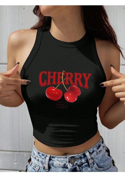 Kadın Siyah "cherry" Baskılı Kolsuz Crop Atlet - Yazlık Sokak Stili