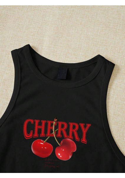 Kadın Siyah "cherry" Baskılı Kolsuz Crop Atlet - Yazlık Sokak Stili fiyatları