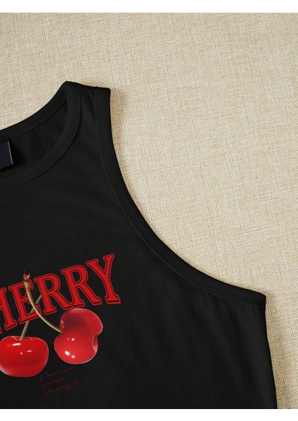 Kadın Siyah "cherry" Baskılı Kolsuz Crop Atlet - Yazlık Sokak Stili modelleri