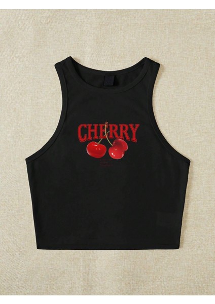 Kadın Siyah "cherry" Baskılı Kolsuz Crop Atlet - Yazlık Sokak Stili fırsatları