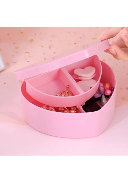 Pembe Kalp Şekilli Takı ve Makyaj Saklama Kutusu, Aynalı Organizer