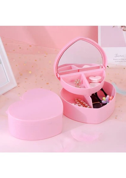 Pembe Kalp Şekilli Takı ve Makyaj Saklama Kutusu, Aynalı Organizer modelleri