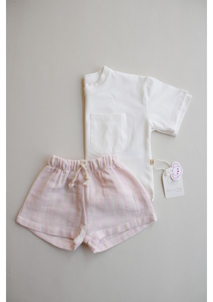 Pembe Kontrast Dikişli Asimetrik Şortlu Takım fırsatları