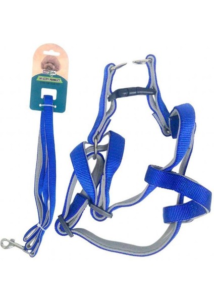 Mavi Yumuşak Dokulu Köpek Göğüs ve Gezdirme Tasma Seti 1,5 cm (Göğüs: 30 cm - 50 Cm)