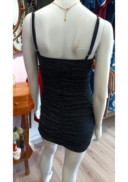 Simli Büzgü Model Mini Gece Elbisesi